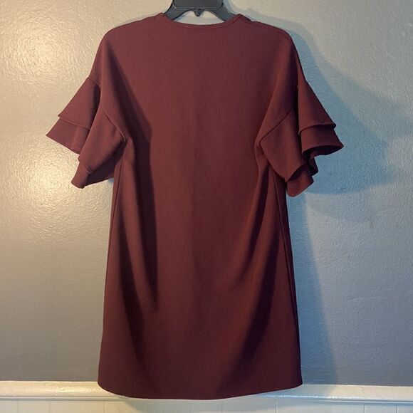 The Impeccable Pig Maroon Flare Ruffle Sleeve Shift Dress Size Small - Picture 5 of 6